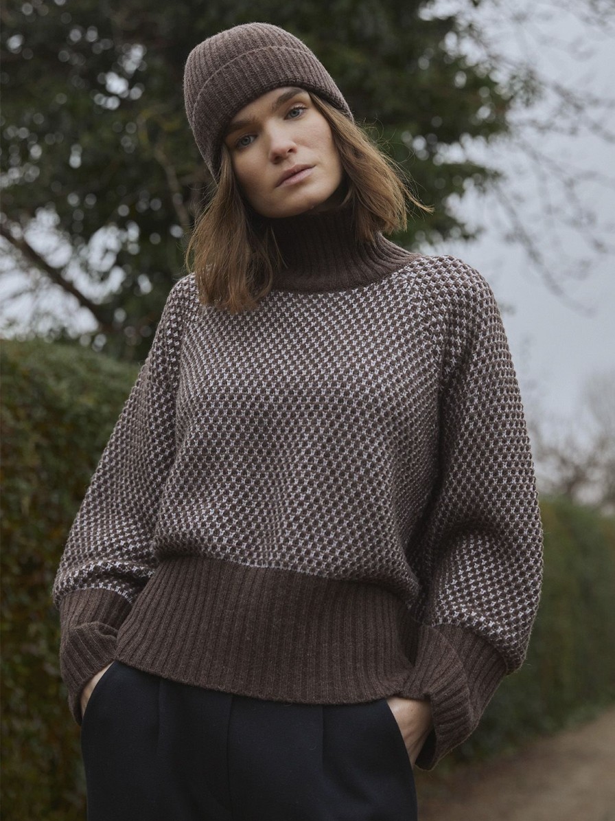 Mom Enula9 | Line T-Neck Sweater - Brown/Grey Knit